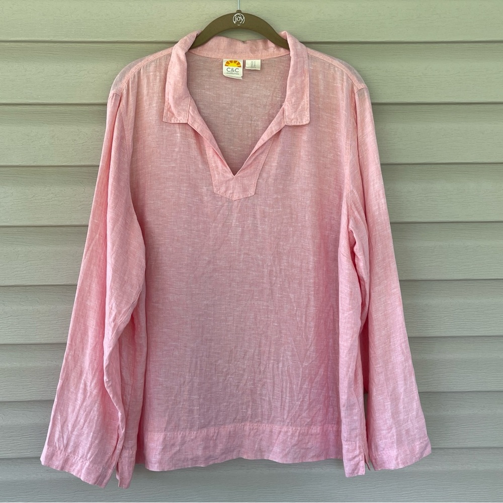 C&C California 100% Linen Pink Popover Tunic Top Size 1X